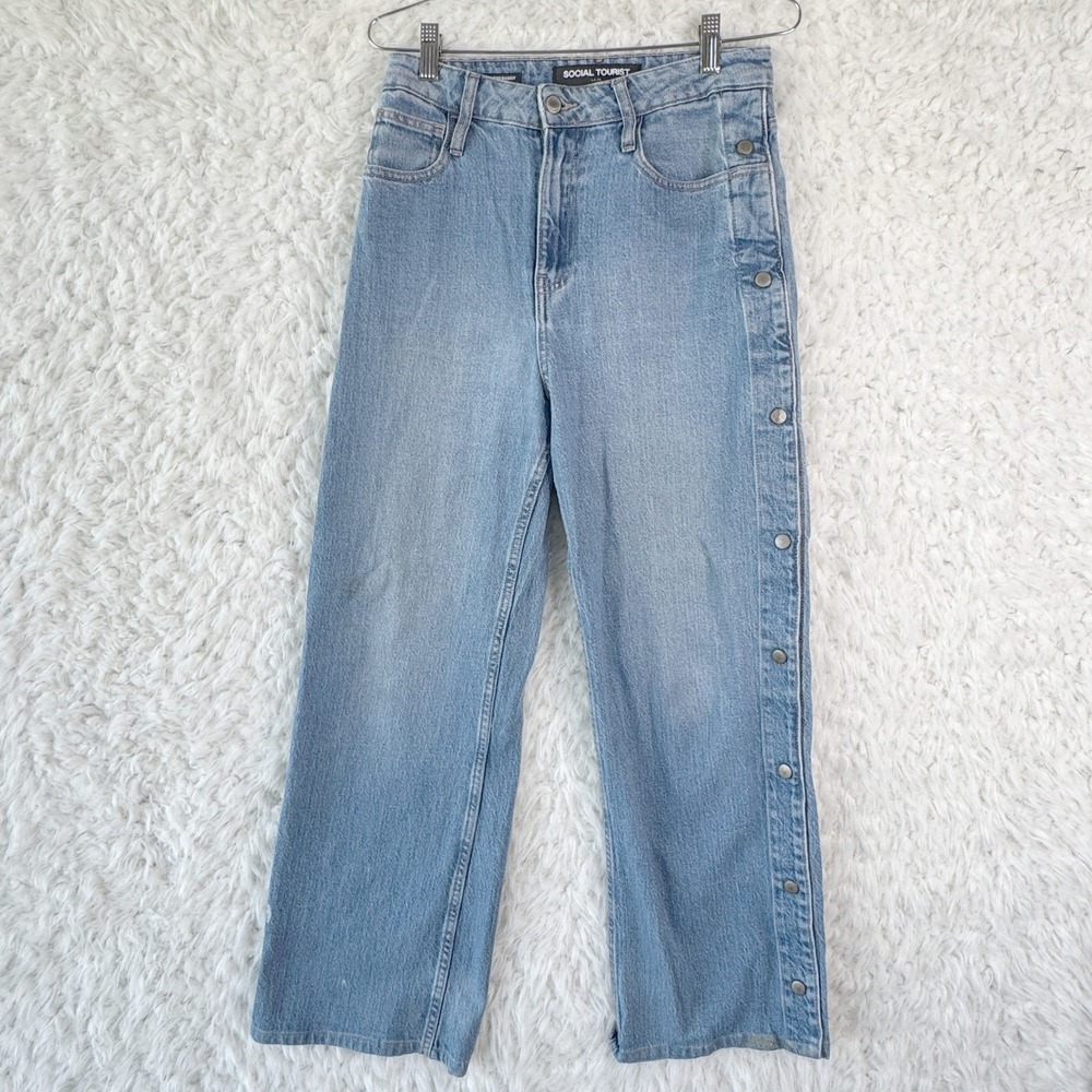 Social Tourist Ultra High Rise Baggy Jeans 27R Blue Skater Open Side Snap Button